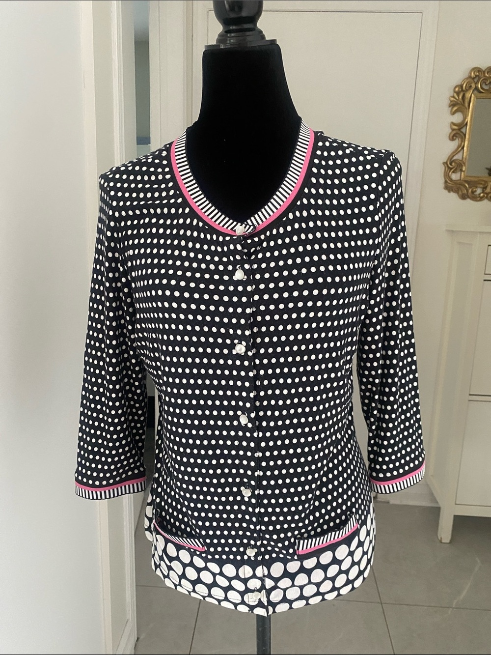 Joseph Ribkoff Black & White Polka Dot   Cardigan with Pink trim size Small